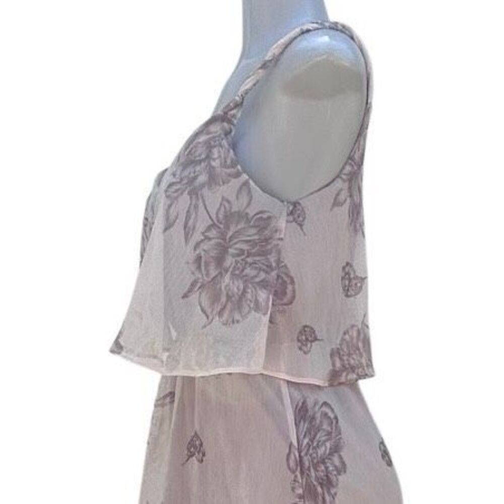 Love21 Popover High Low Dress Women's Medium Pink Taupe Floral Chiffon V-neck - Picture 12 of 14